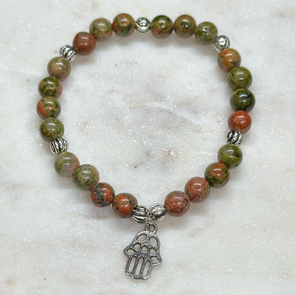 Unakite Crystal Bracelet - Hamsa Charm Bracelet - Picture 3 of 3